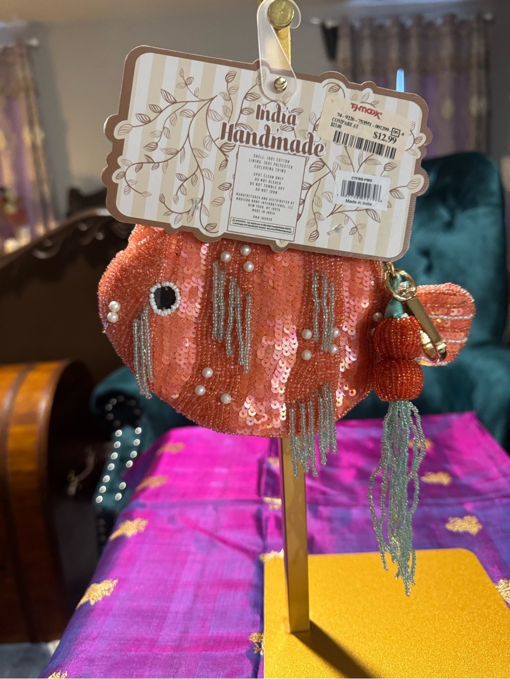 NWT 2026 India Handmade Beaded Fish Coin Pouch Tassel Coral - Picture 2 of 3
